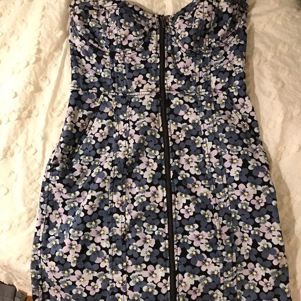 Bustier style mini dress, purple pansies